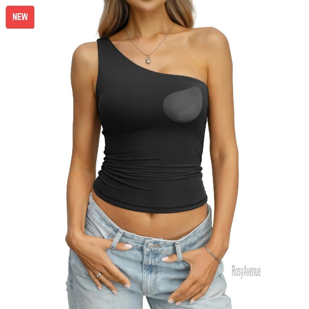 One Shoulder Padded Tank Top Built-in Bra Crop Top Slim Fit Y2K